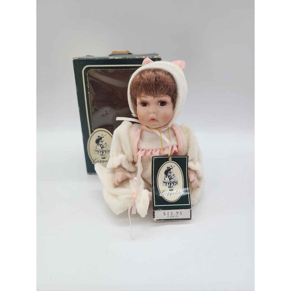Geppeddo Porcelain Baby Doll Bunny Bonnet Cream Pink Vintage Collector Boxed 6.5